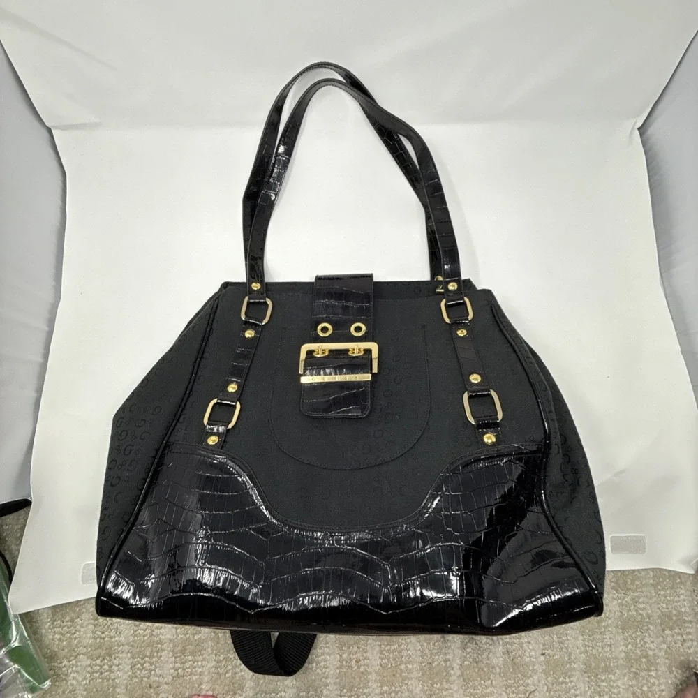 Guess Black Monogrammed Shoulder Bag Buckle‎ Detail Faux Croc Trim Satchel Y2K